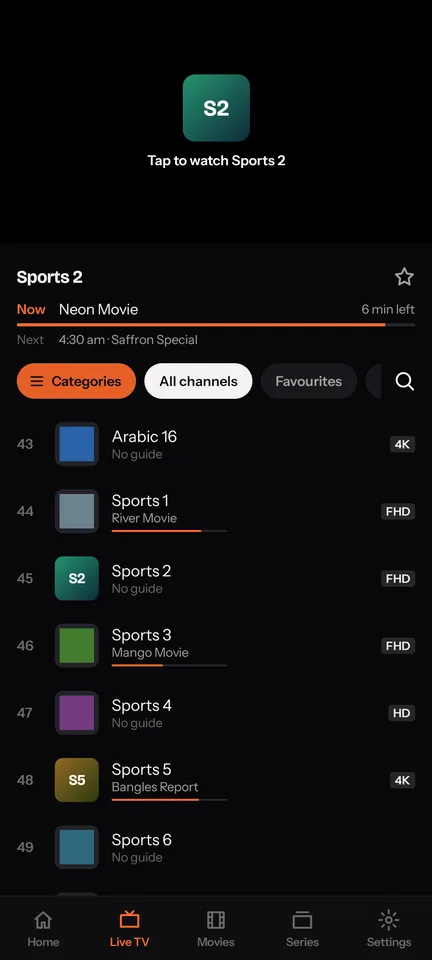 The app on a phone: a channel list with what's on now.