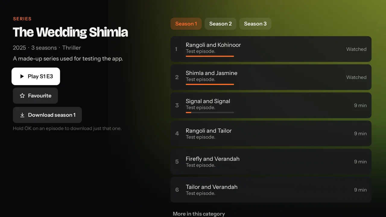 The app on a TV: a series page with seasons, episodes and a Play button.